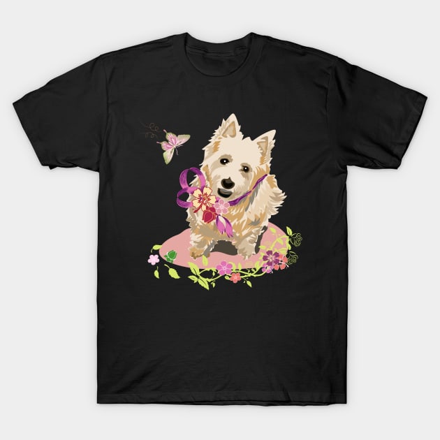 Terrier Dog with Flowers Butterflies T-Shirt by LizzyizzyDesign